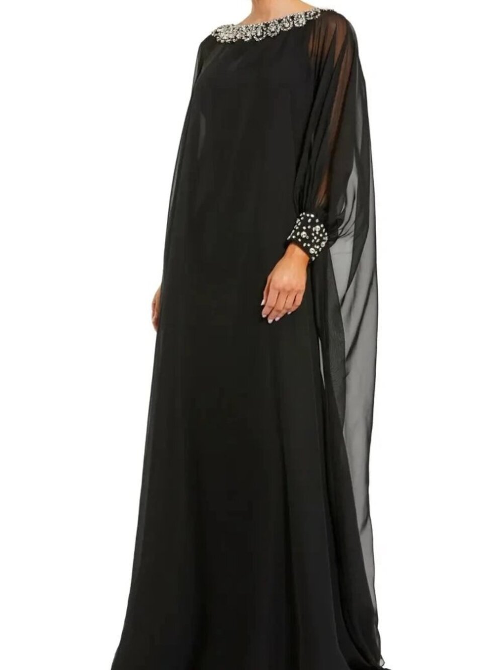 Mac Duggal Black Chiffon Beaded Collar Cuff Long Sleeve Kaftan Gown